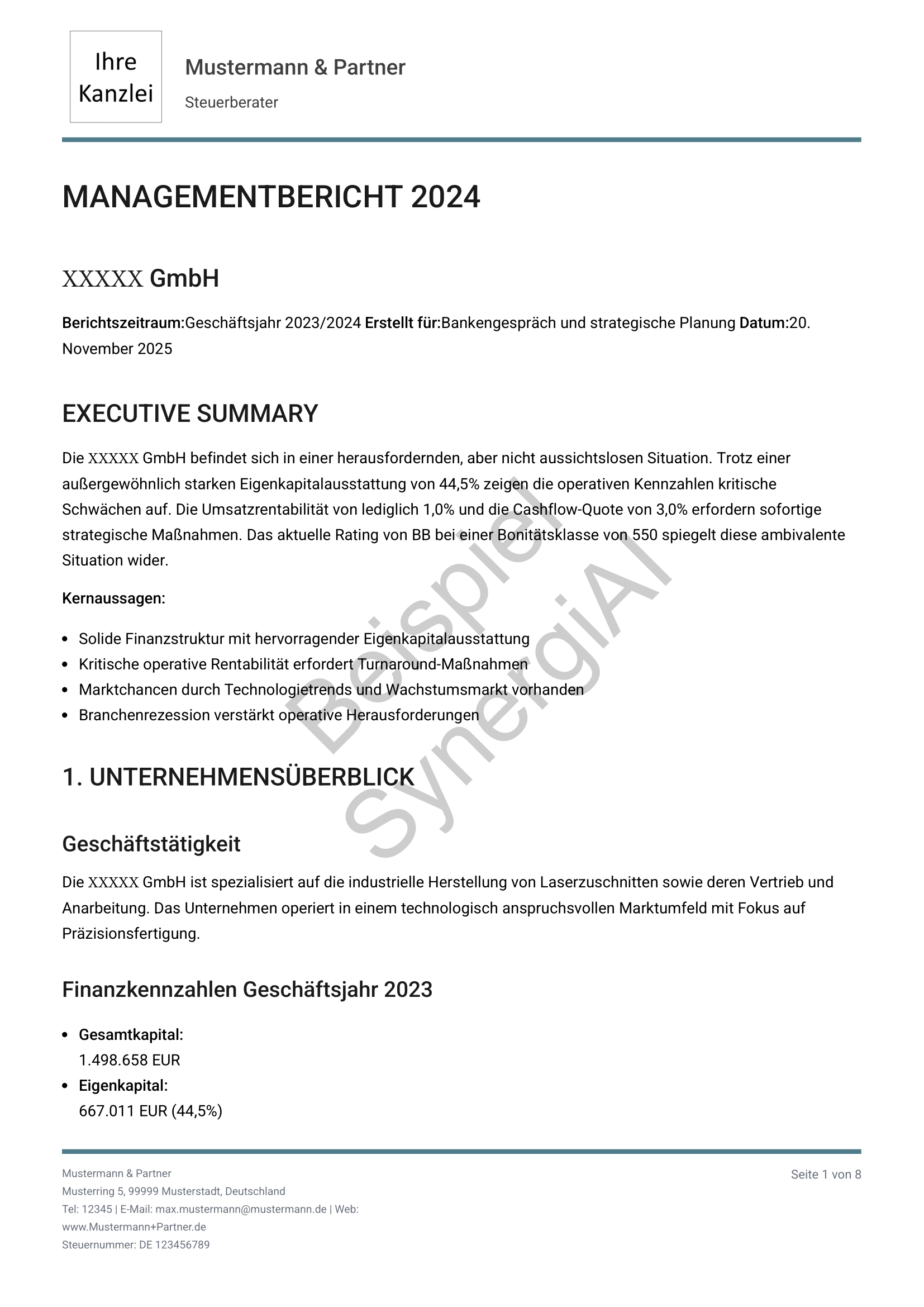 Bankfähiger Managementbericht Seite 1